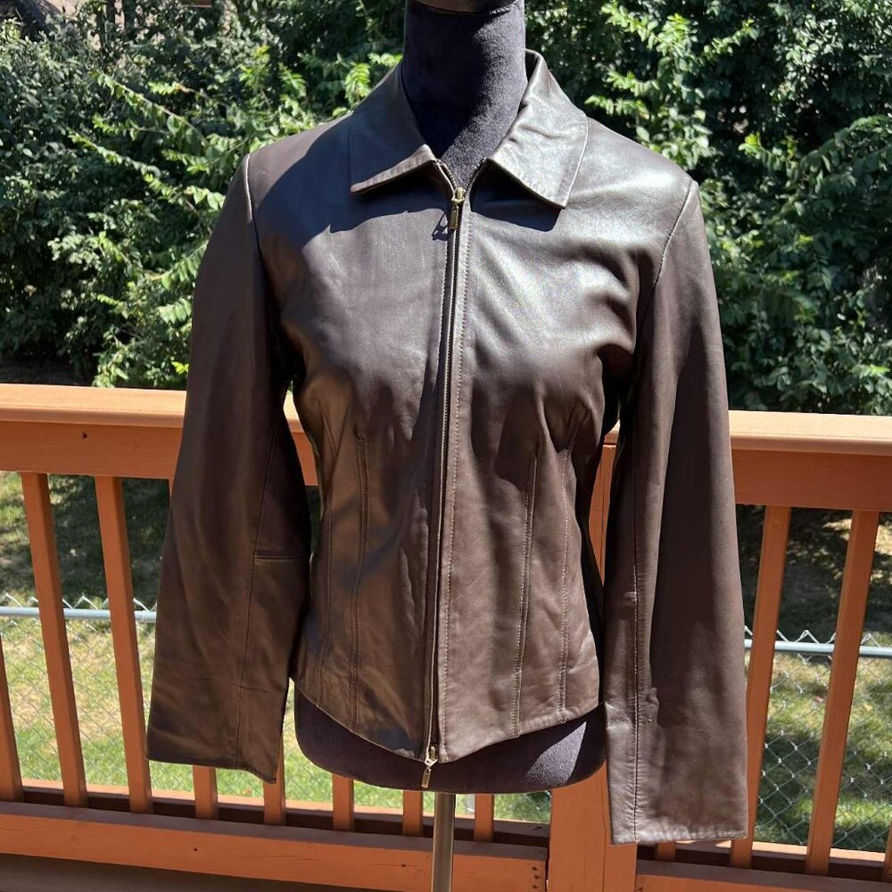 Coldwater Creek Womens Leather Jacket Brown Petite Small
